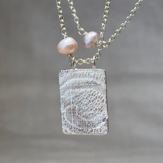 Talisman silver dog tag Lace pattern necklace with pearls