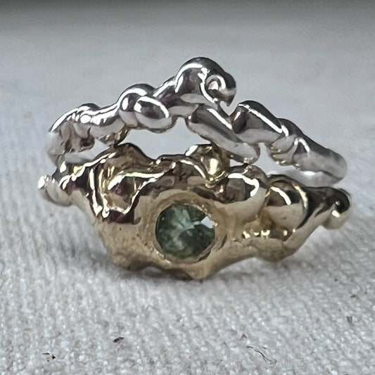 Gold ring with green amethyst and silver stacker ring