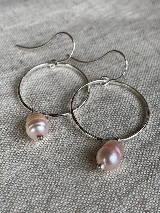 Earrings I Ear Adornment Sterling Silver hanging Hoops with single pearl