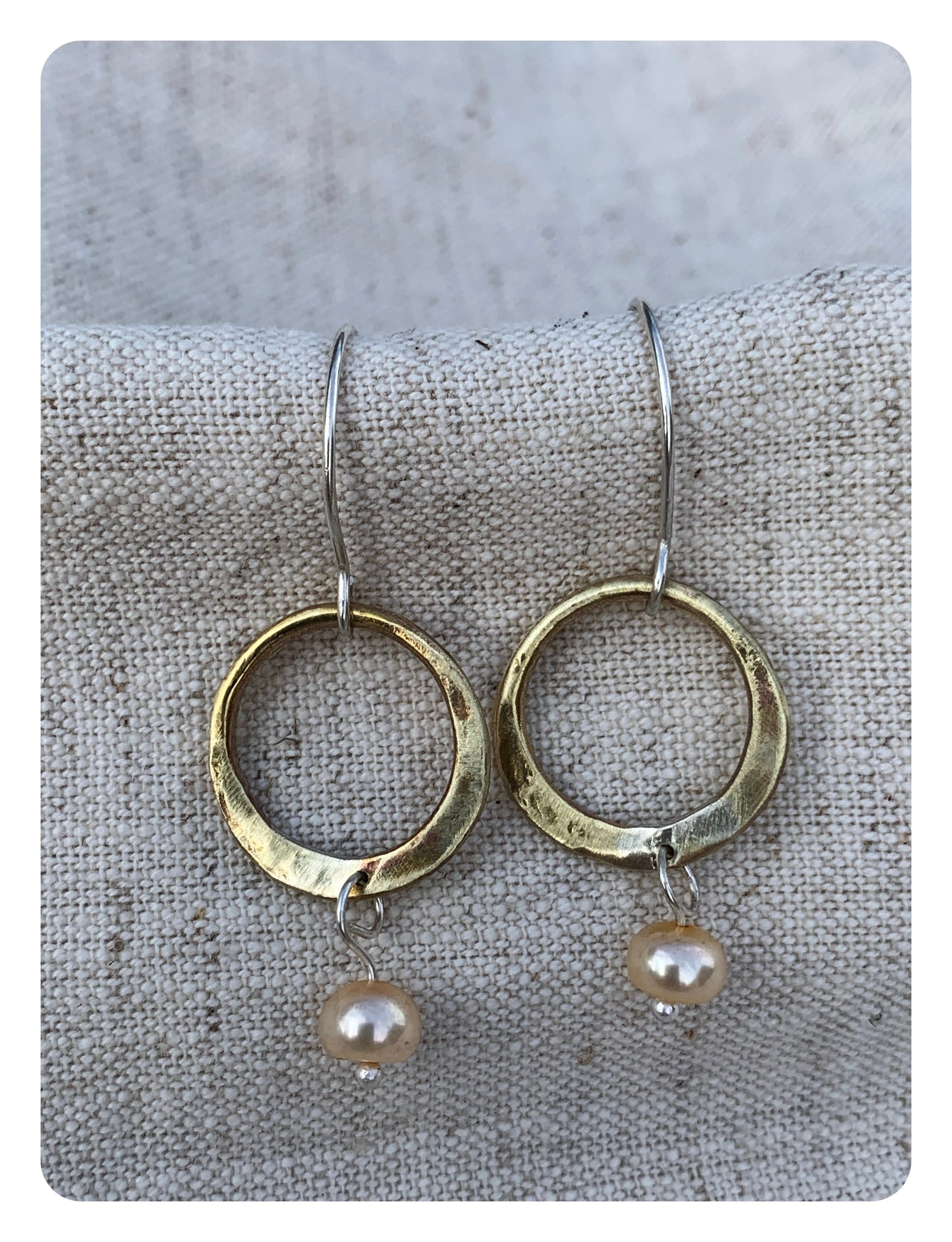 Earrings I Ear Adornment Hammered Brass hoops with pearl