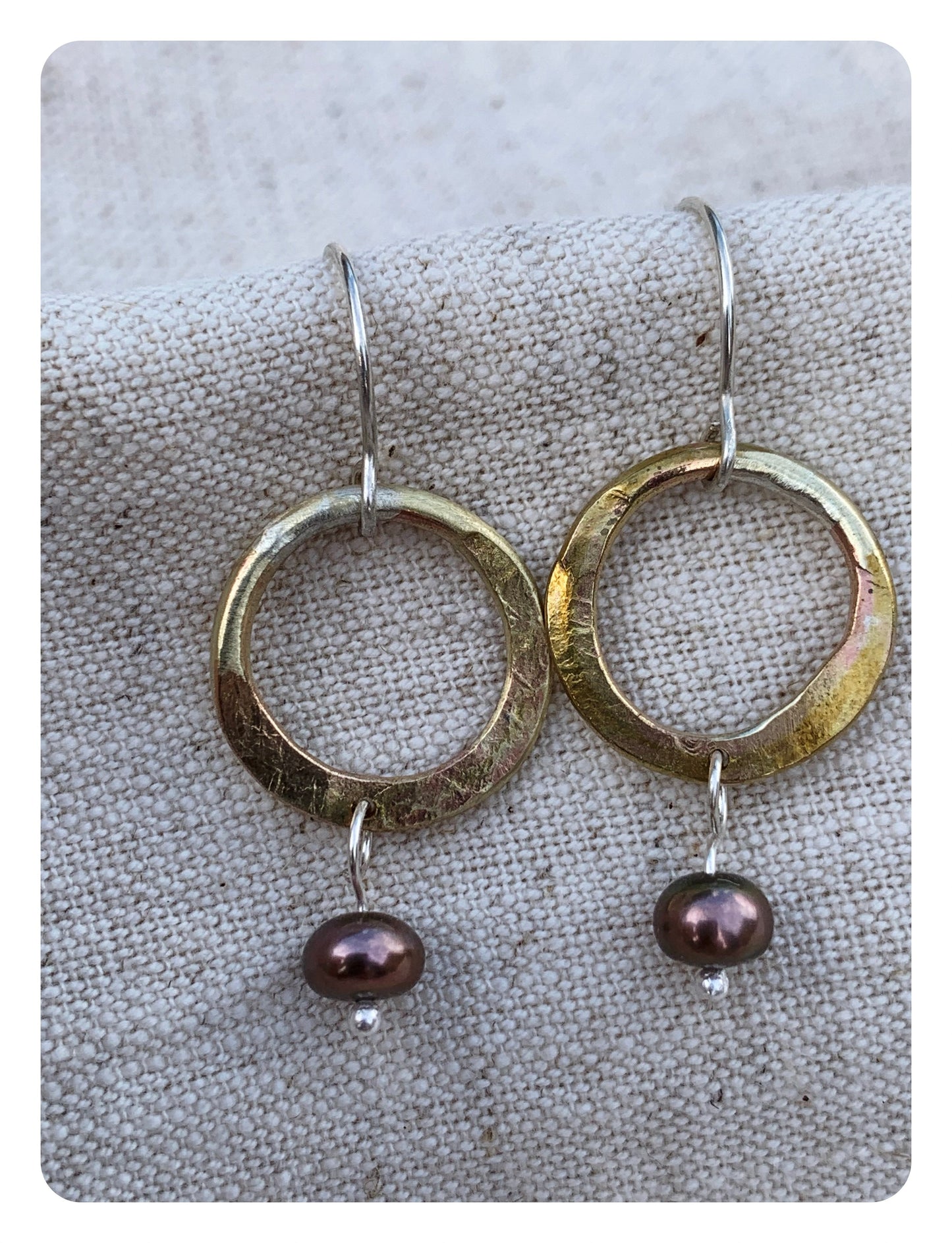 Earrings I Ear Adornment Hammered Brass hoops with pearl