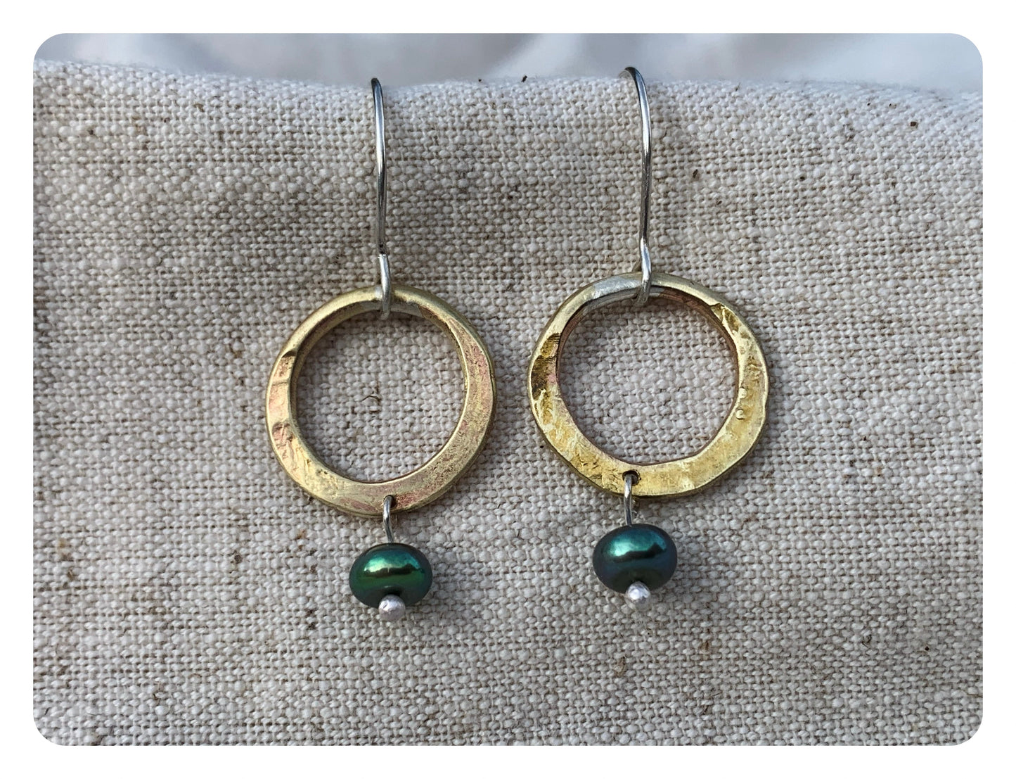 Earrings I Ear Adornment Hammered Brass hoops with pearl